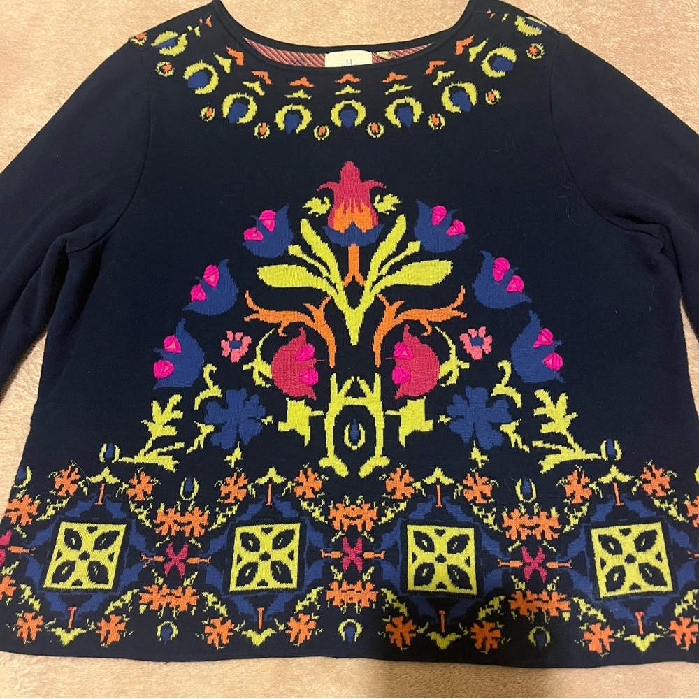 Anthropologie HWR Floral Embroidered Navy Sweater